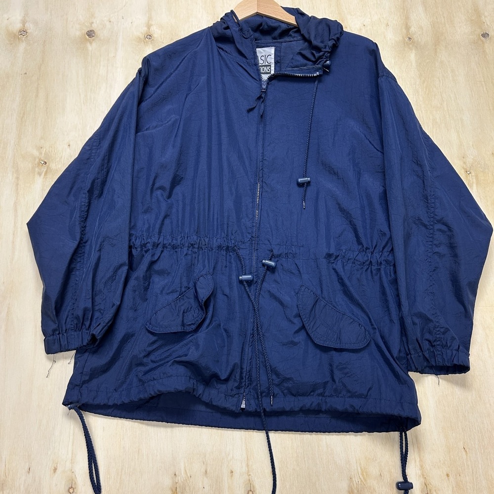 Vintage Basic Editions Jacket Mens Medium Blue Nylon Hooded Windbreaker Full Zip
